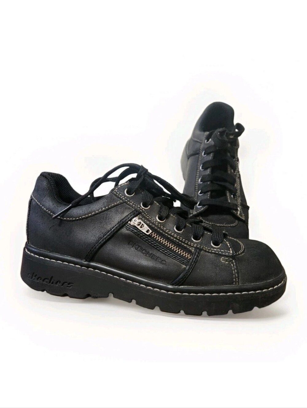 VTG Y2K Skechers Tredd Jammers 8 Black Suede 46406 Chunky Shoes Side Zip Pocket